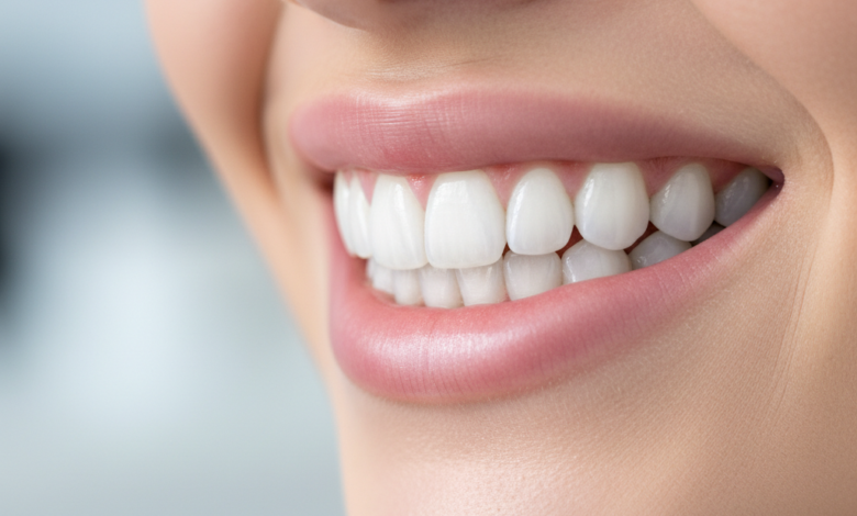 Close-up of a person's radiant, perfectly aligned, bright white smile, showcasing flawless teeth and healthy lips against a softly blurred, sophisticated background. The image emphasizes the beauty and confidence associated with cosmetic dentistry, suggesting celebrity-level dental perfection without showing any text or symbols.