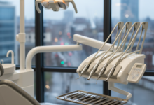 A photorealistic image of a bright, modern dental examination room with a sophisticated dental chair and neatly arranged sterile instruments. In the blurred background, a UK cityscape is subtly visible through a large window.