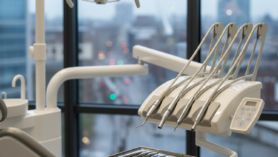 A photorealistic image of a bright, modern dental examination room with a sophisticated dental chair and neatly arranged sterile instruments. In the blurred background, a UK cityscape is subtly visible through a large window.