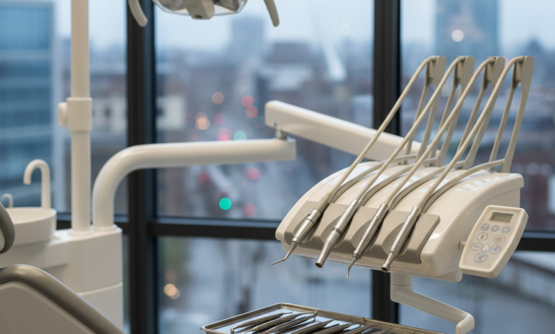 A photorealistic image of a bright, modern dental examination room with a sophisticated dental chair and neatly arranged sterile instruments. In the blurred background, a UK cityscape is subtly visible through a large window.