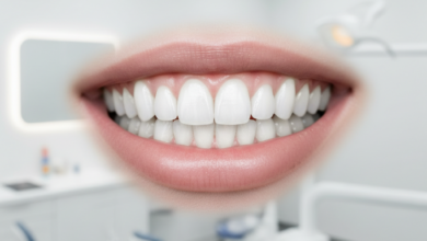Close-up of a person's mouth with perfectly white, straight, and radiant teeth, forming a confident, natural smile. The background is a blurred, bright, modern dental clinic setting.