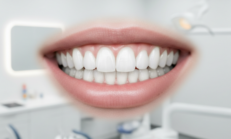 Close-up of a person's mouth with perfectly white, straight, and radiant teeth, forming a confident, natural smile. The background is a blurred, bright, modern dental clinic setting.