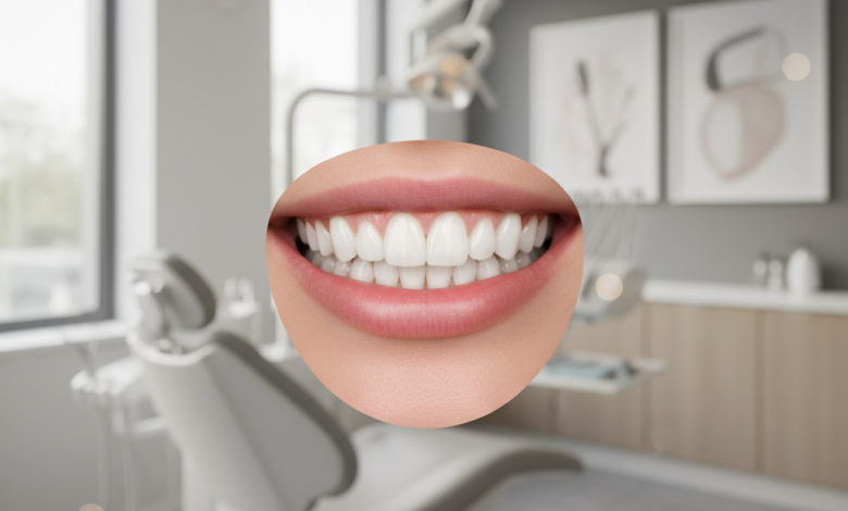 A photorealistic close-up of a bright, perfectly aligned, natural-looking smile, representing the aesthetic outcome of dental veneers. The background is a softly blurred, modern, and clean dental clinic interior, suggesting a professional environment.
