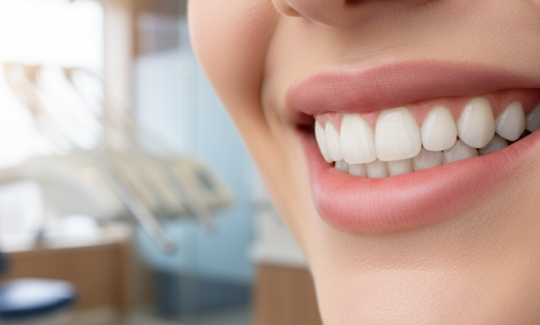 Close-up of a person with a radiant, confident, and perfect smile, showcasing beautifully white and evenly aligned teeth, with a subtly blurred background of a modern dental clinic interior.