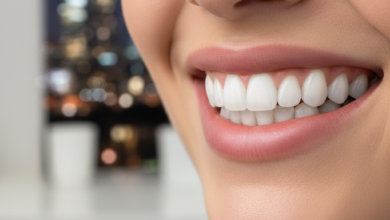 Close-up of a person's mouth with a bright, perfectly aligned smile, set against a blurred background of a modern dental clinic and a very subtle hint of a UK city, representing cosmetic dental veneers and their cost in the UK.
