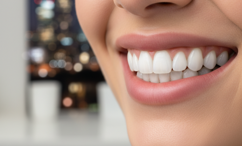 Close-up of a person's mouth with a bright, perfectly aligned smile, set against a blurred background of a modern dental clinic and a very subtle hint of a UK city, representing cosmetic dental veneers and their cost in the UK.