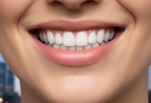Close-up of a person's mouth with a bright, confident smile, showing perfectly aligned, naturally white teeth. The background is a soft blur of a modern urban environment, hinting at the United Kingdom.