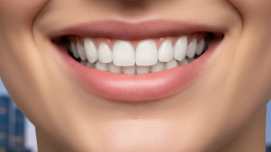 Close-up of a person's mouth with a bright, confident smile, showing perfectly aligned, naturally white teeth. The background is a soft blur of a modern urban environment, hinting at the United Kingdom.