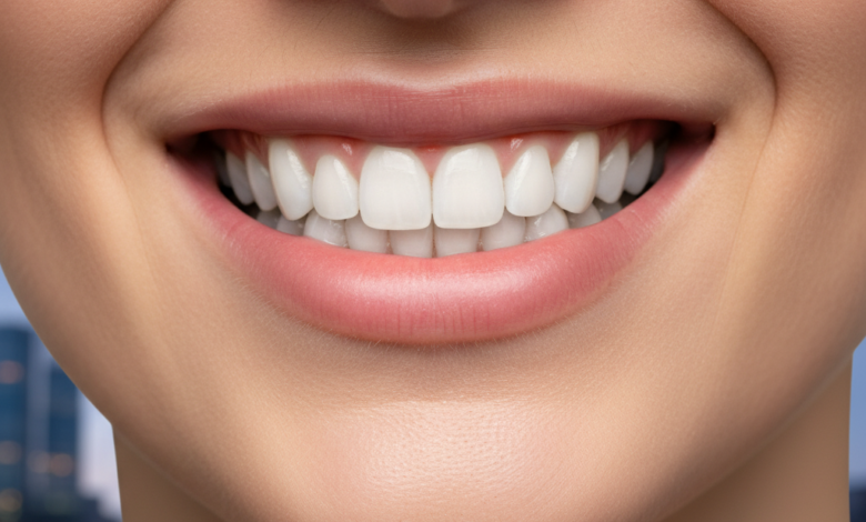 Close-up of a person's mouth with a bright, confident smile, showing perfectly aligned, naturally white teeth. The background is a soft blur of a modern urban environment, hinting at the United Kingdom.