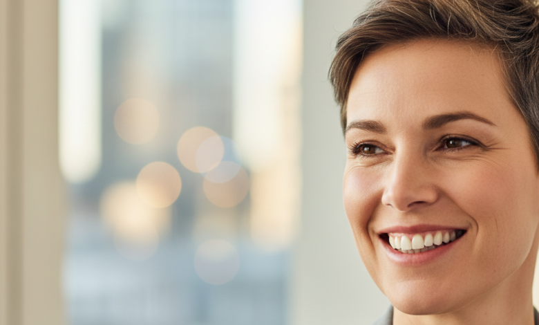 A confident person with a natural, bright smile in a modern, subtly blurred professional setting, representing the value and cost of dental veneers in the United Kingdom.