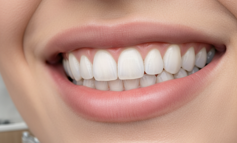Close-up of a perfectly radiant and healthy smile with pristine, natural-looking teeth, symbolizing the successful outcome of dental veneers. The background is a subtly blurred, modern dental clinic interior.
