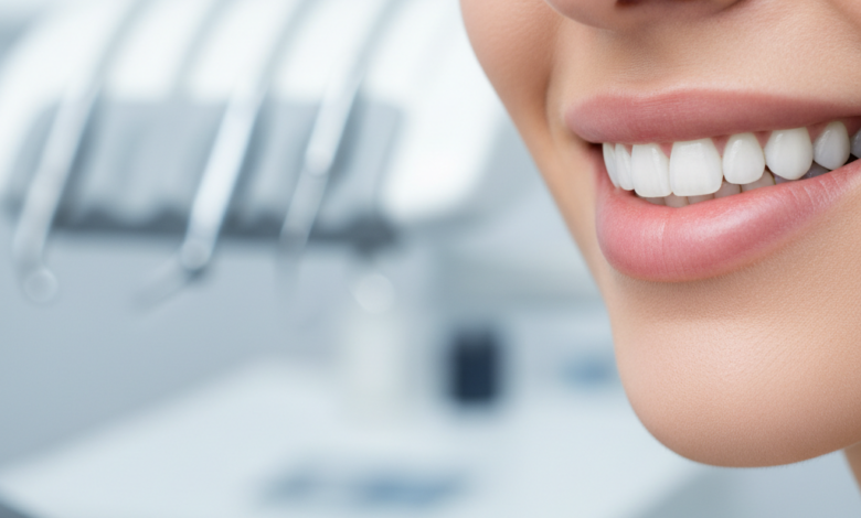 Close-up of a person's mouth and nose, showcasing a perfect, radiant, and healthy smile with uniformly white teeth, implying high-quality dental veneers. The background is a softly blurred, modern dental clinic.