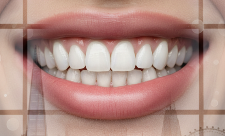 Close-up of a bright, flawless smile with healthy, perfectly aligned white teeth. In the very soft, out-of-focus background, a modern London city skyline is visible. The lighting is soft and natural, emphasizing dental aesthetics.