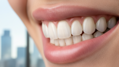 Close-up of a beautiful, radiant smile with perfectly white and aligned teeth, with a very soft, out-of-focus background hinting at a modern UK city skyline. The image conveys health, confidence, and high-quality dental aesthetics.