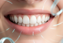 Close-up of a bright, perfectly aligned, white smile with healthy pink gums, set against a softly blurred, modern dental clinic background with bokeh lights.