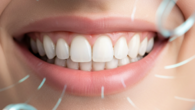 Close-up of a bright, perfectly aligned, white smile with healthy pink gums, set against a softly blurred, modern dental clinic background with bokeh lights.