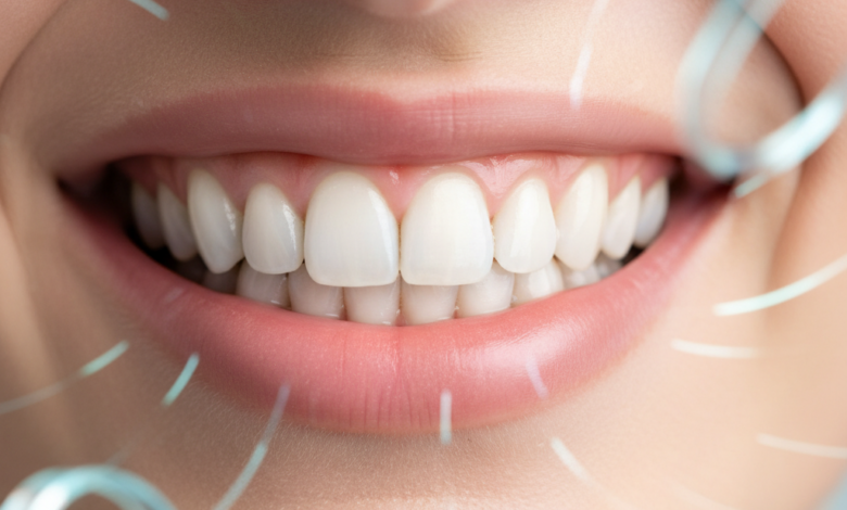 Close-up of a bright, perfectly aligned, white smile with healthy pink gums, set against a softly blurred, modern dental clinic background with bokeh lights.