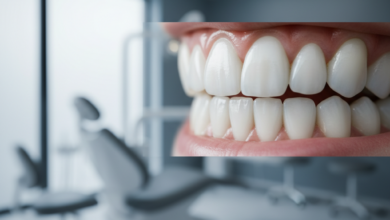 Close-up of a radiant, healthy set of white teeth, perfectly aligned, with a shallow depth of field effect. The background is a soft, blurred rendering of a modern, clean private dental clinic interior, featuring cool professional tones and minimalist design, suggesting high-quality care. The focus is entirely on the aesthetic result of dental work, without any visible tools or procedures.