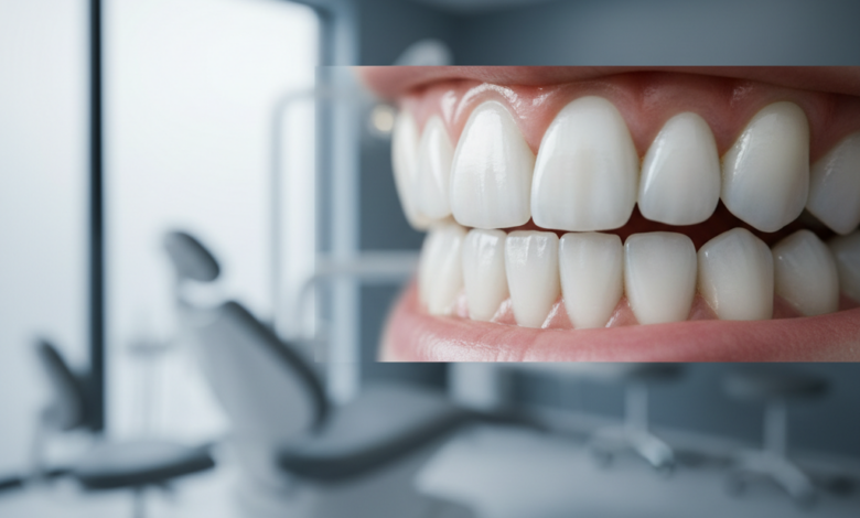 Close-up of a radiant, healthy set of white teeth, perfectly aligned, with a shallow depth of field effect. The background is a soft, blurred rendering of a modern, clean private dental clinic interior, featuring cool professional tones and minimalist design, suggesting high-quality care. The focus is entirely on the aesthetic result of dental work, without any visible tools or procedures.