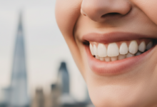 Close-up of a person with a perfect, radiant white smile, conveying confidence and health, with a very soft, blurred London cityscape in the background.
