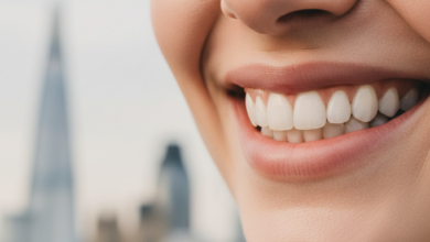 Close-up of a person with a perfect, radiant white smile, conveying confidence and health, with a very soft, blurred London cityscape in the background.