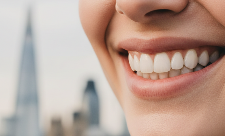 Close-up of a person with a perfect, radiant white smile, conveying confidence and health, with a very soft, blurred London cityscape in the background.