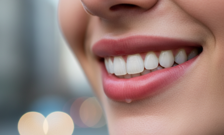 Close-up of a person's mouth, showcasing a perfectly healthy, naturally white and bright smile with gently curved lips, against a softly blurred, abstract background hinting at an urban UK setting.