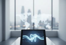 A modern, minimalist dental consultation room with a tablet on a table in the foreground. The tablet displays abstract blue and white digital dental scan data. In the blurred background, a window reveals a vague, out-of-focus city skyline, symbolizing international travel. The scene is clean, professional, and well-lit.