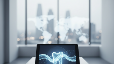 A modern, minimalist dental consultation room with a tablet on a table in the foreground. The tablet displays abstract blue and white digital dental scan data. In the blurred background, a window reveals a vague, out-of-focus city skyline, symbolizing international travel. The scene is clean, professional, and well-lit.