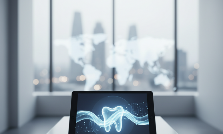 A modern, minimalist dental consultation room with a tablet on a table in the foreground. The tablet displays abstract blue and white digital dental scan data. In the blurred background, a window reveals a vague, out-of-focus city skyline, symbolizing international travel. The scene is clean, professional, and well-lit.