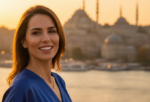 A close-up, photorealistic image of a confident person with a dazzling, perfectly aligned white smile. The background is softly blurred, showing warm-toned architectural silhouettes of Istanbul, Turkey, including minarets, under a golden hour light.
