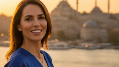 A close-up, photorealistic image of a confident person with a dazzling, perfectly aligned white smile. The background is softly blurred, showing warm-toned architectural silhouettes of Istanbul, Turkey, including minarets, under a golden hour light.