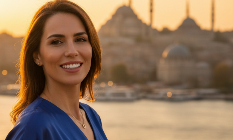 A close-up, photorealistic image of a confident person with a dazzling, perfectly aligned white smile. The background is softly blurred, showing warm-toned architectural silhouettes of Istanbul, Turkey, including minarets, under a golden hour light.