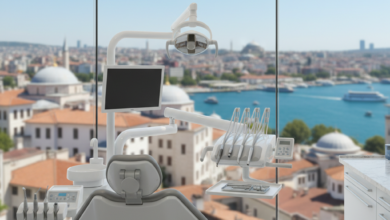 A modern, clean dental clinic interior featuring an empty dental chair and state-of-the-art equipment. Through a large window, a blurred, scenic view of a Turkish coastal city with blue water and architecture is visible in the background, illustrating dental tourism.