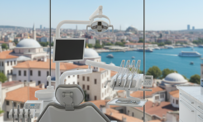 A modern, clean dental clinic interior featuring an empty dental chair and state-of-the-art equipment. Through a large window, a blurred, scenic view of a Turkish coastal city with blue water and architecture is visible in the background, illustrating dental tourism.