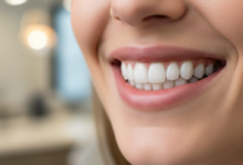 A close-up, photorealistic image of a healthy, radiant smile with perfectly aligned white teeth against a softly blurred, clean dental office background.