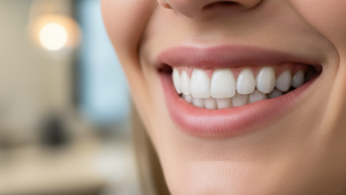 A close-up, photorealistic image of a healthy, radiant smile with perfectly aligned white teeth against a softly blurred, clean dental office background.
