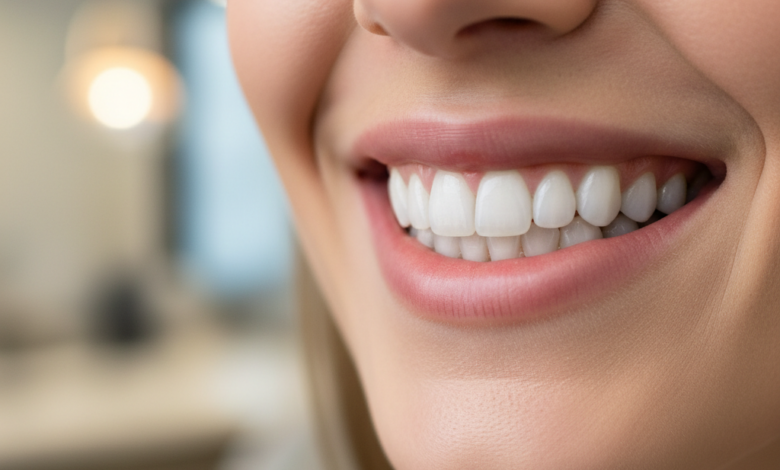 A close-up, photorealistic image of a healthy, radiant smile with perfectly aligned white teeth against a softly blurred, clean dental office background.