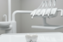 A highly detailed, photorealistic close-up of a brilliant white zirconium dental crown, perfectly crafted and naturally translucent, set against a softly blurred, modern dental clinic background. No text is visible.