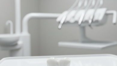 A highly detailed, photorealistic close-up of a brilliant white zirconium dental crown, perfectly crafted and naturally translucent, set against a softly blurred, modern dental clinic background. No text is visible.