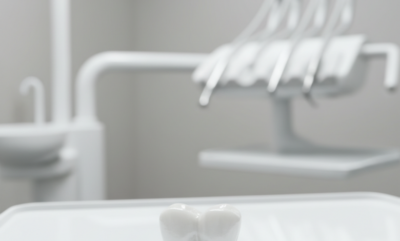 A highly detailed, photorealistic close-up of a brilliant white zirconium dental crown, perfectly crafted and naturally translucent, set against a softly blurred, modern dental clinic background. No text is visible.