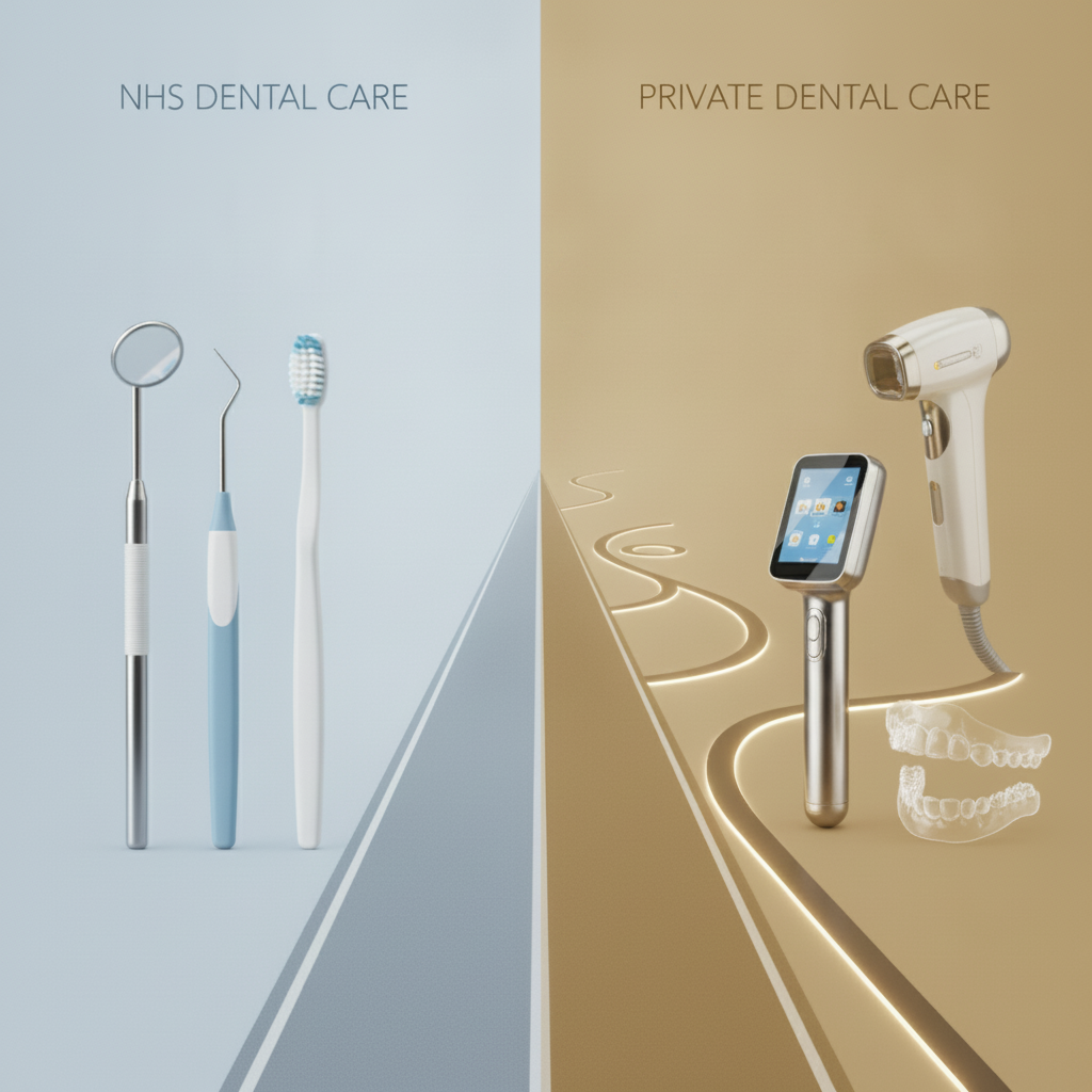 NHS vs Private Dental Costs: contrasting essential public care with advanced, tailored private treatments for informed choice.
