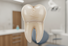 Close-up of a perfectly restored molar tooth featuring a natural-looking dental crown, with a softly blurred modern dental clinic in the background.