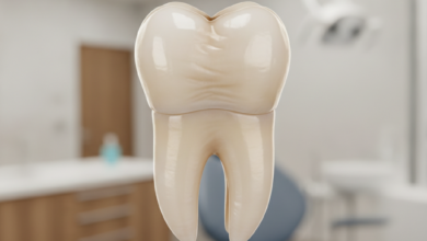 Close-up of a perfectly restored molar tooth featuring a natural-looking dental crown, with a softly blurred modern dental clinic in the background.