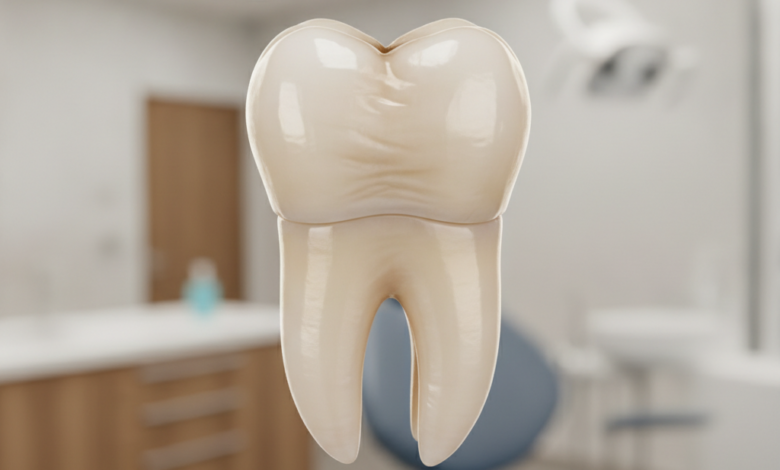 Close-up of a perfectly restored molar tooth featuring a natural-looking dental crown, with a softly blurred modern dental clinic in the background.