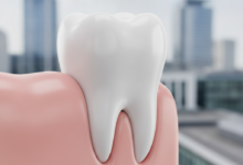 A photorealistic image showing a perfectly restored, healthy white tooth seamlessly integrated into a clean gum line, symbolizing a successful dental implant. The background is softly blurred, depicting a modern, generic British cityscape under professional, bright lighting. The focus is on the natural and pristine appearance of the tooth.
