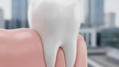 A photorealistic image showing a perfectly restored, healthy white tooth seamlessly integrated into a clean gum line, symbolizing a successful dental implant. The background is softly blurred, depicting a modern, generic British cityscape under professional, bright lighting. The focus is on the natural and pristine appearance of the tooth.