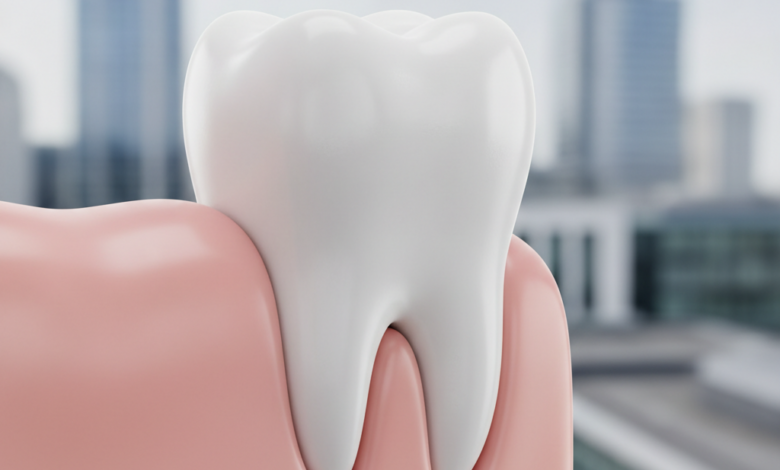 A photorealistic image showing a perfectly restored, healthy white tooth seamlessly integrated into a clean gum line, symbolizing a successful dental implant. The background is softly blurred, depicting a modern, generic British cityscape under professional, bright lighting. The focus is on the natural and pristine appearance of the tooth.