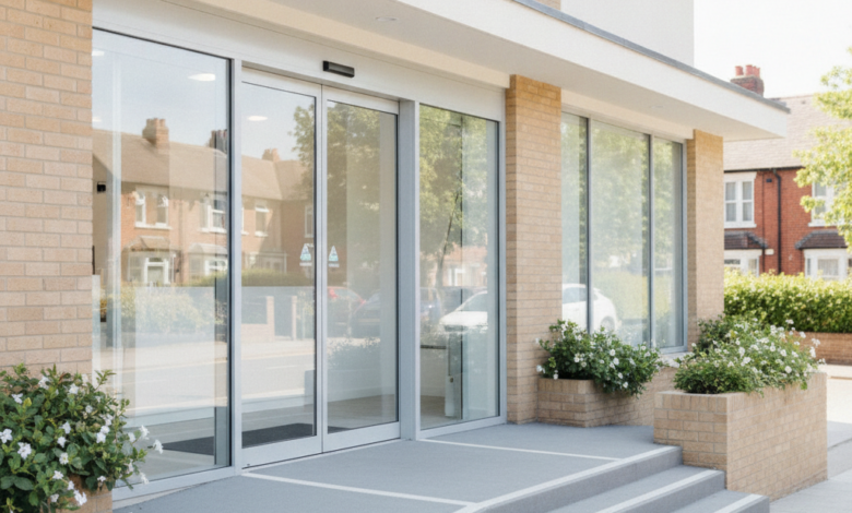 A modern, clean dental clinic building entrance with light-colored walls, large windows, and an inviting doorway, bathed in natural daylight. The background is softly blurred, hinting at a typical British street or residential area. There is no visible text, logos, or branding.