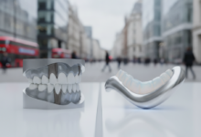 A close-up, photorealistic image of two contrasting dental concepts on a reflective surface. On the left, a simpler, robust, abstract dental form or tool represents essential care. On the right, a more refined, polished, and aesthetically pleasing abstract dental material sample represents advanced, private care. The background is a blurred, modern UK city scene with generic architecture, indicating the location.